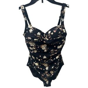 Niptuck Swimsuit Women Floral Ruched Bodice One Piece Multi Fit Cup Size 8 Black